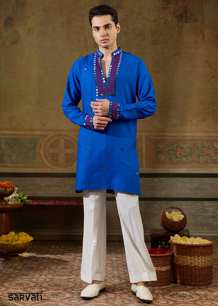 Moroccan Blue Rayon Kurta Set with Vivid Resham &amp; Mirror Detailing
