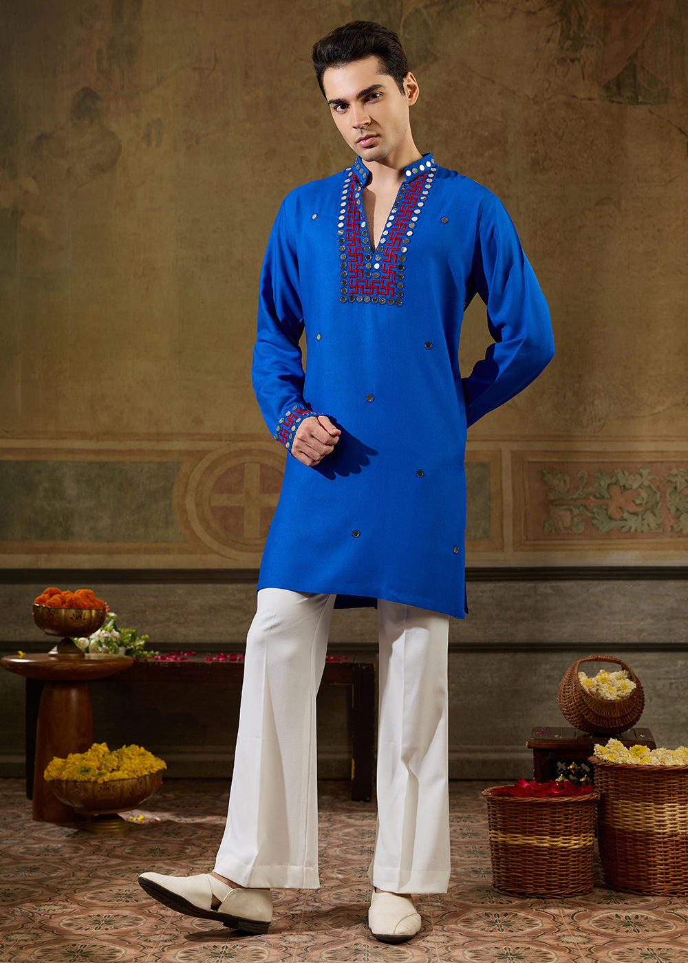 Moroccan Blue Rayon Kurta Set with Vivid Resham &amp; Mirror Detailing