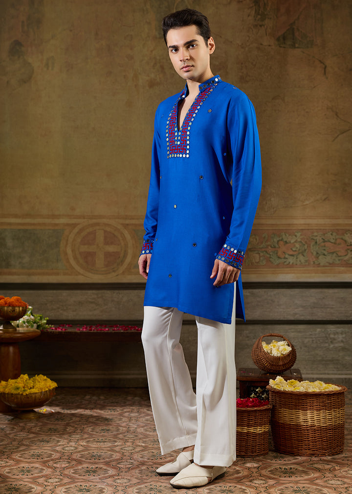 Moroccan Blue Rayon Kurta Set with Vivid Resham &amp; Mirror Detailing