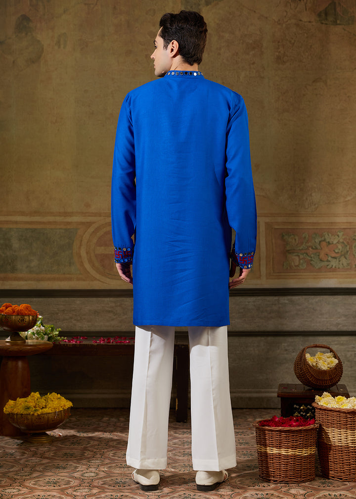 Moroccan Blue Rayon Kurta Set with Vivid Resham &amp; Mirror Detailing