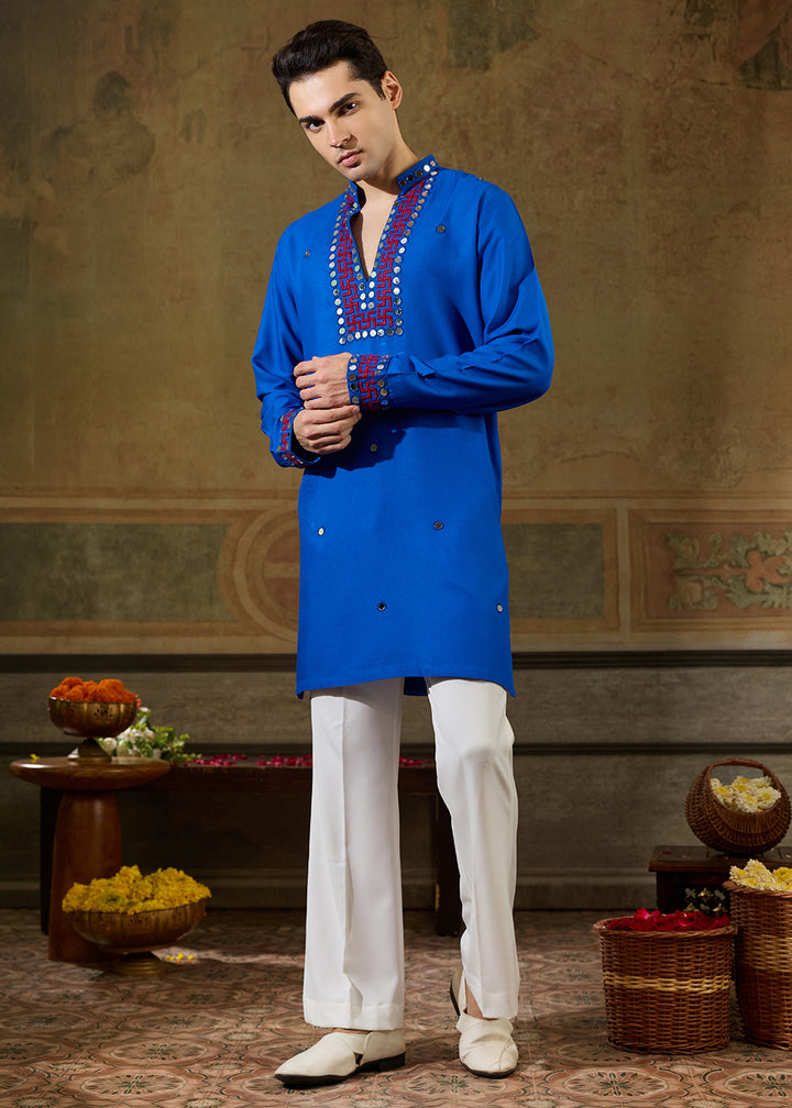 Moroccan Blue Rayon Kurta Set with Vivid Resham &amp; Mirror Detailing