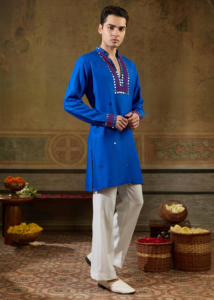 Moroccan Blue Rayon Kurta Set with Vivid Resham &amp; Mirror Detailing