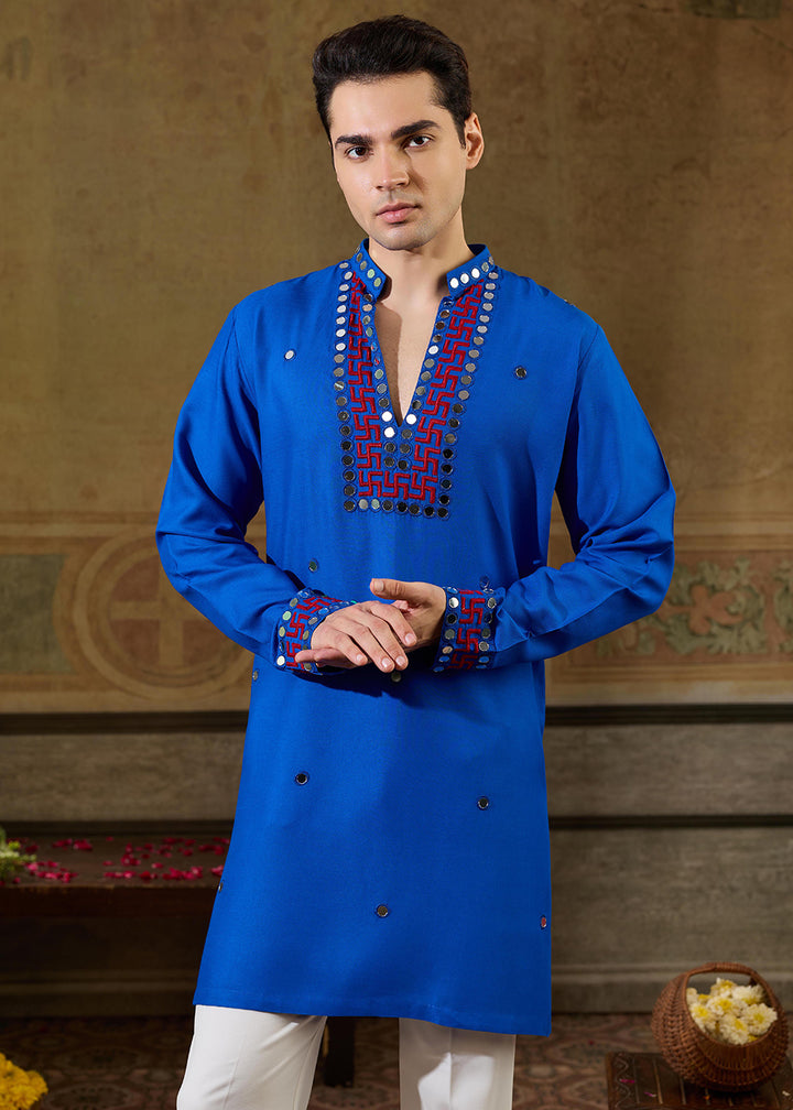 Moroccan Blue Rayon Kurta Set with Vivid Resham &amp; Mirror Detailing