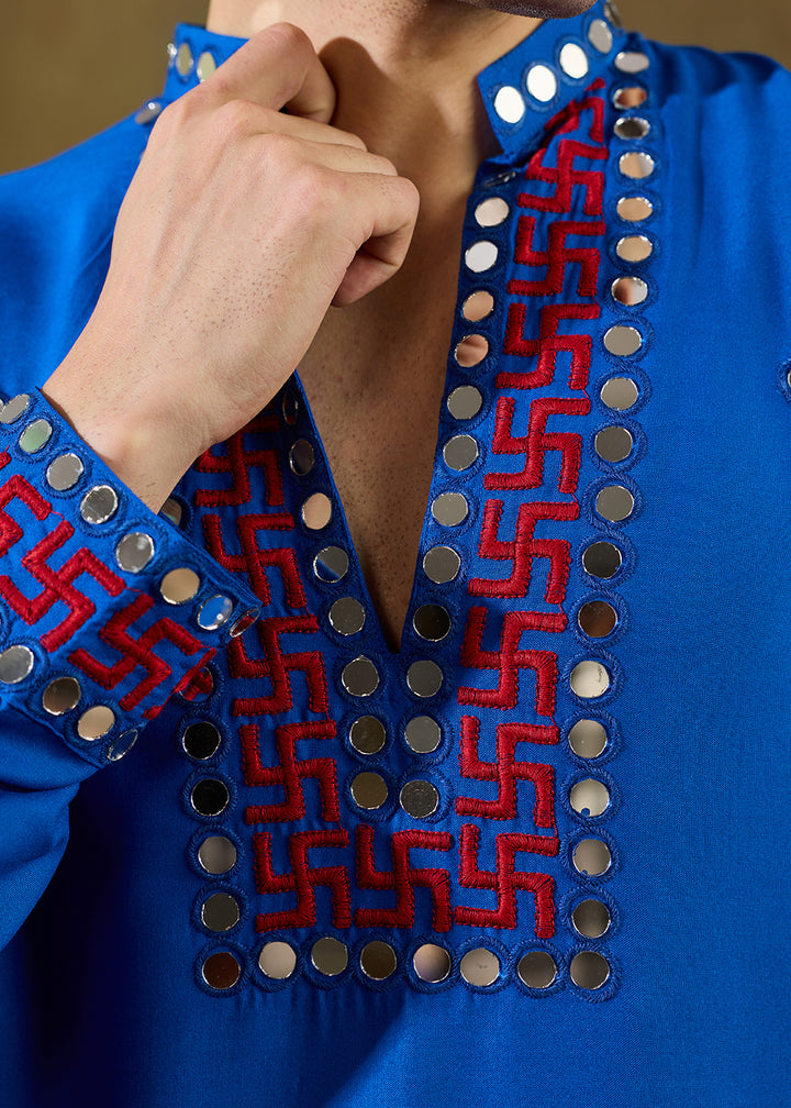 Moroccan Blue Rayon Kurta Set with Vivid Resham &amp; Mirror Detailing