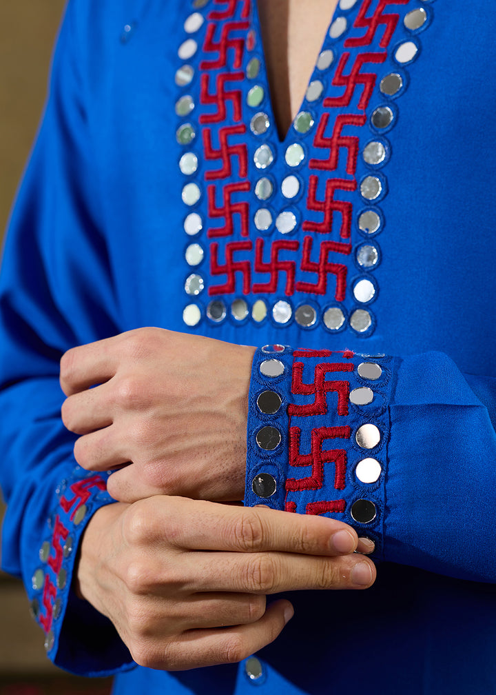 Moroccan Blue Rayon Kurta Set with Vivid Resham &amp; Mirror Detailing