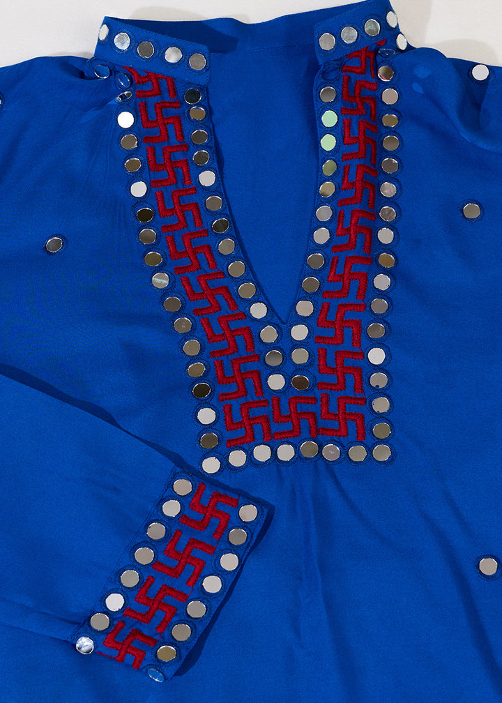 Moroccan Blue Rayon Kurta Set with Vivid Resham &amp; Mirror Detailing