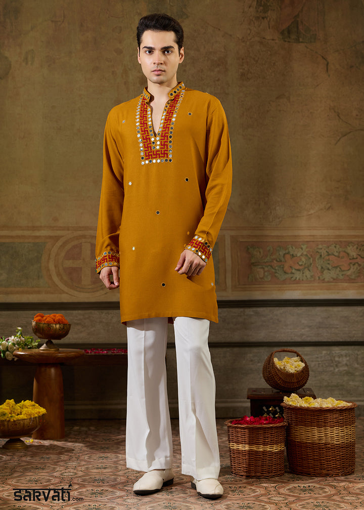 Mustard Yellow Rayon Kurta Set with Vivid Resham &amp; Mirror Detailing