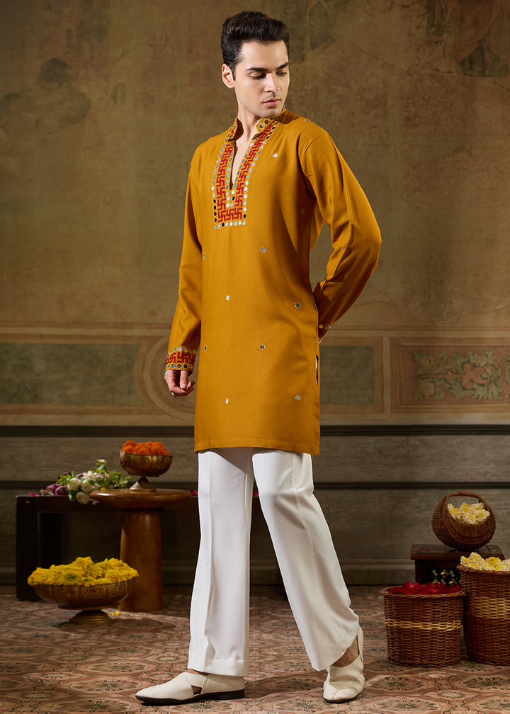 Mustard Yellow Rayon Kurta Set with Vivid Resham &amp; Mirror Detailing