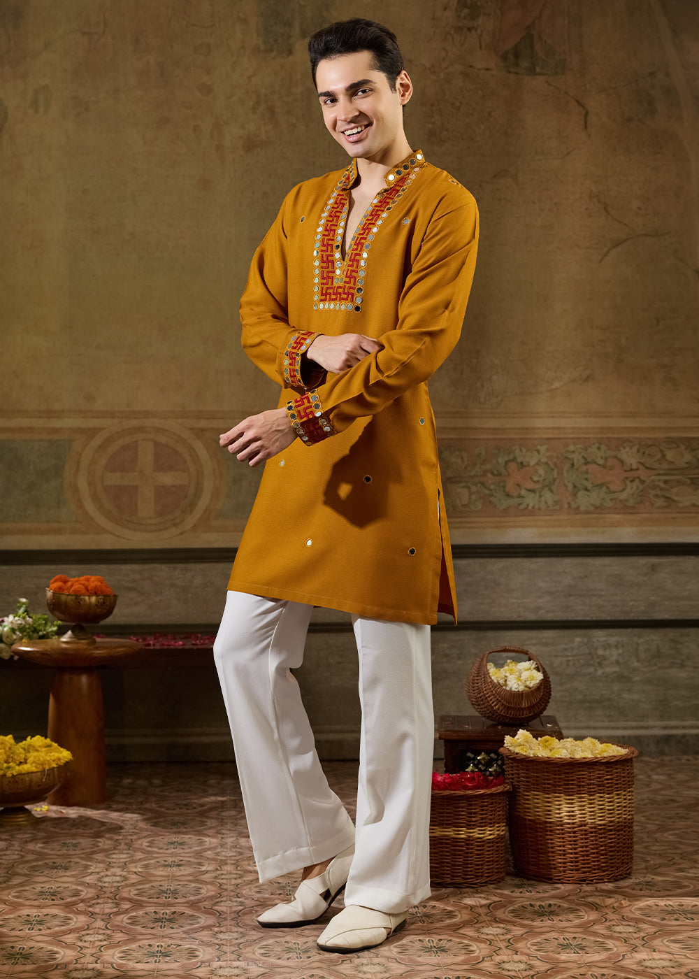 Mustard Yellow Rayon Kurta Set with Vivid Resham &amp; Mirror Detailing