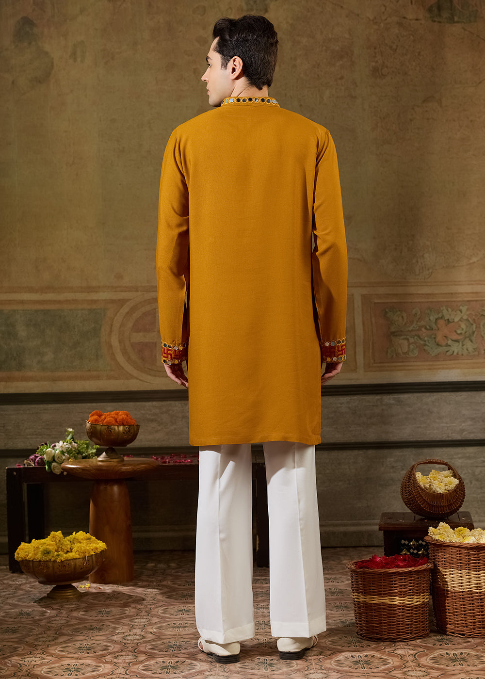 Mustard Yellow Rayon Kurta Set with Vivid Resham &amp; Mirror Detailing