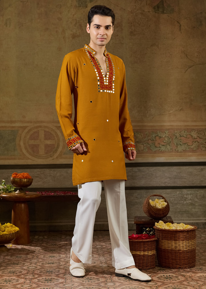 Mustard Yellow Rayon Kurta Set with Vivid Resham &amp; Mirror Detailing