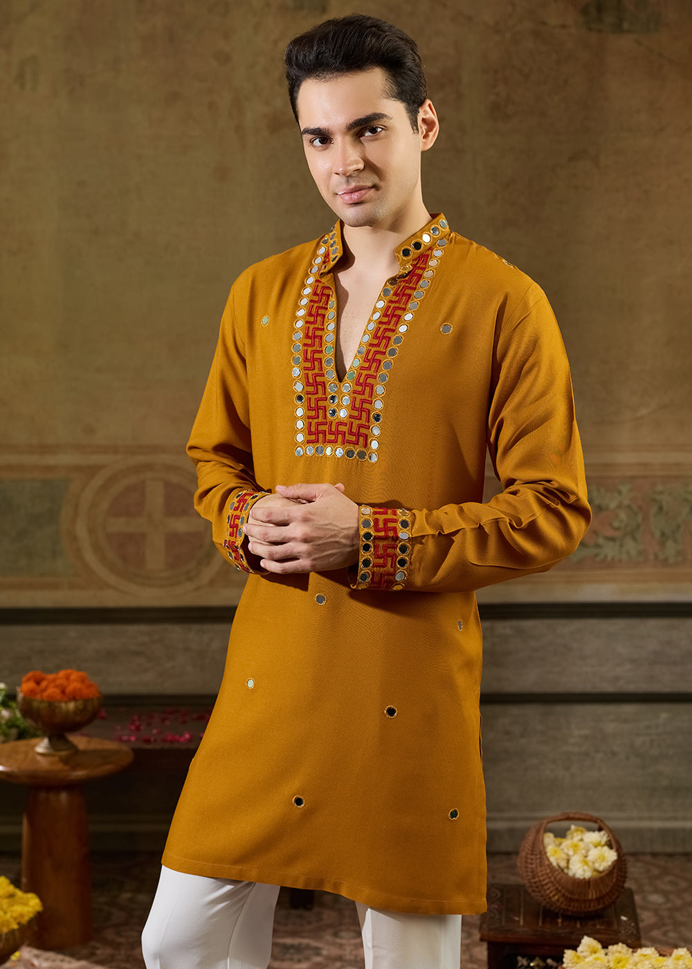 Mustard Yellow Rayon Kurta Set with Vivid Resham &amp; Mirror Detailing