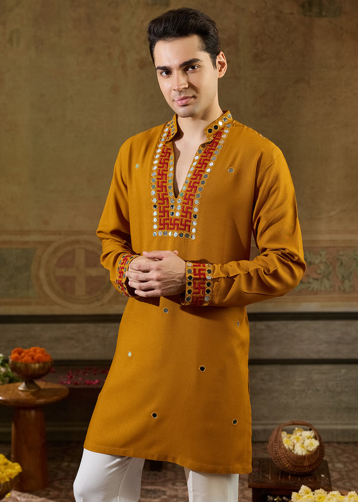 Mustard Yellow Rayon Kurta Set with Vivid Resham &amp; Mirror Detailing