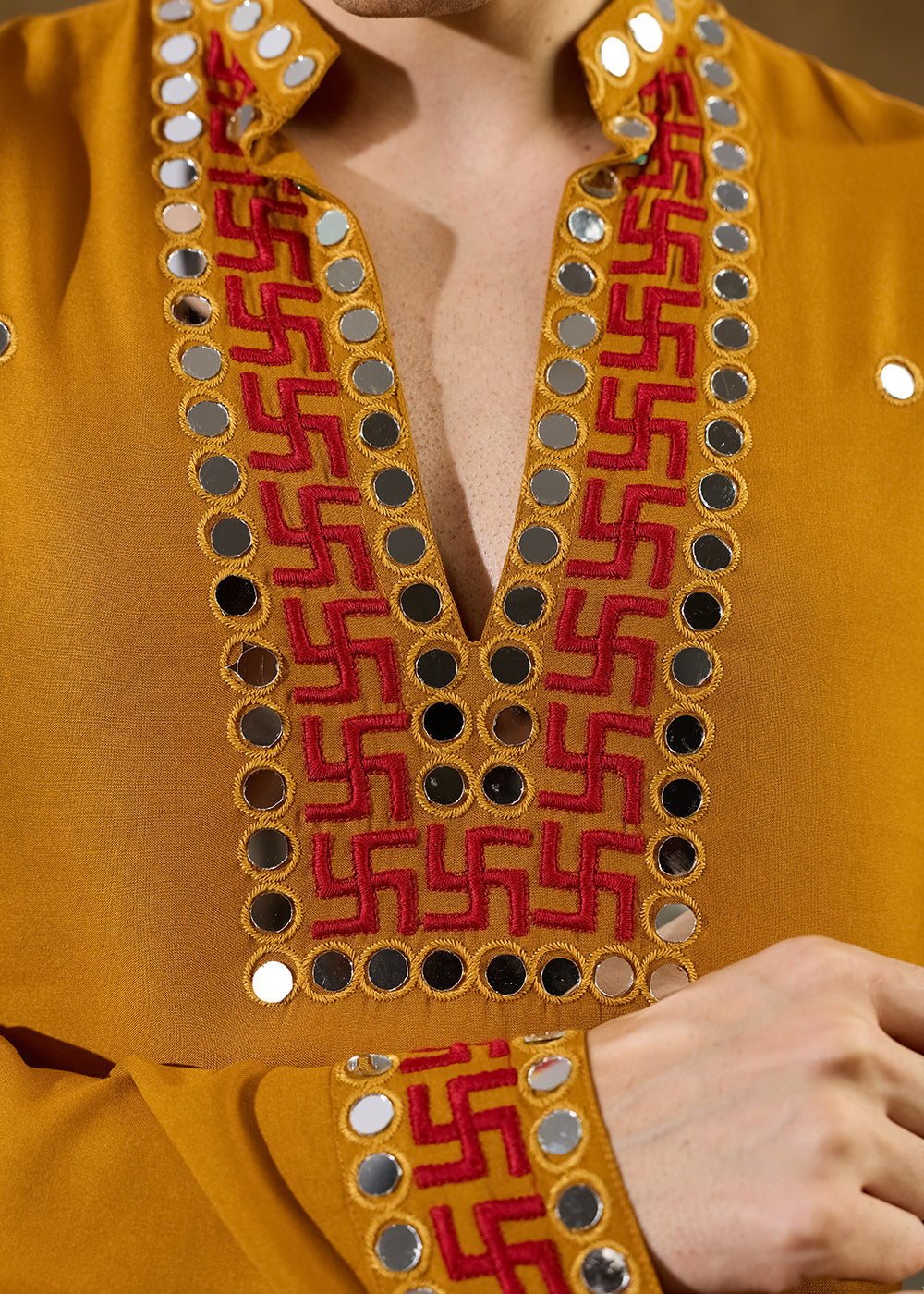Mustard Yellow Rayon Kurta Set with Vivid Resham &amp; Mirror Detailing