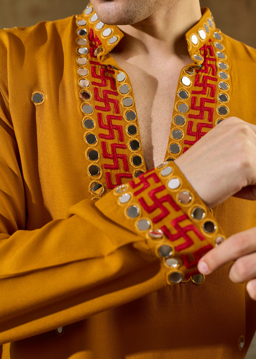 Mustard Yellow Rayon Kurta Set with Vivid Resham &amp; Mirror Detailing