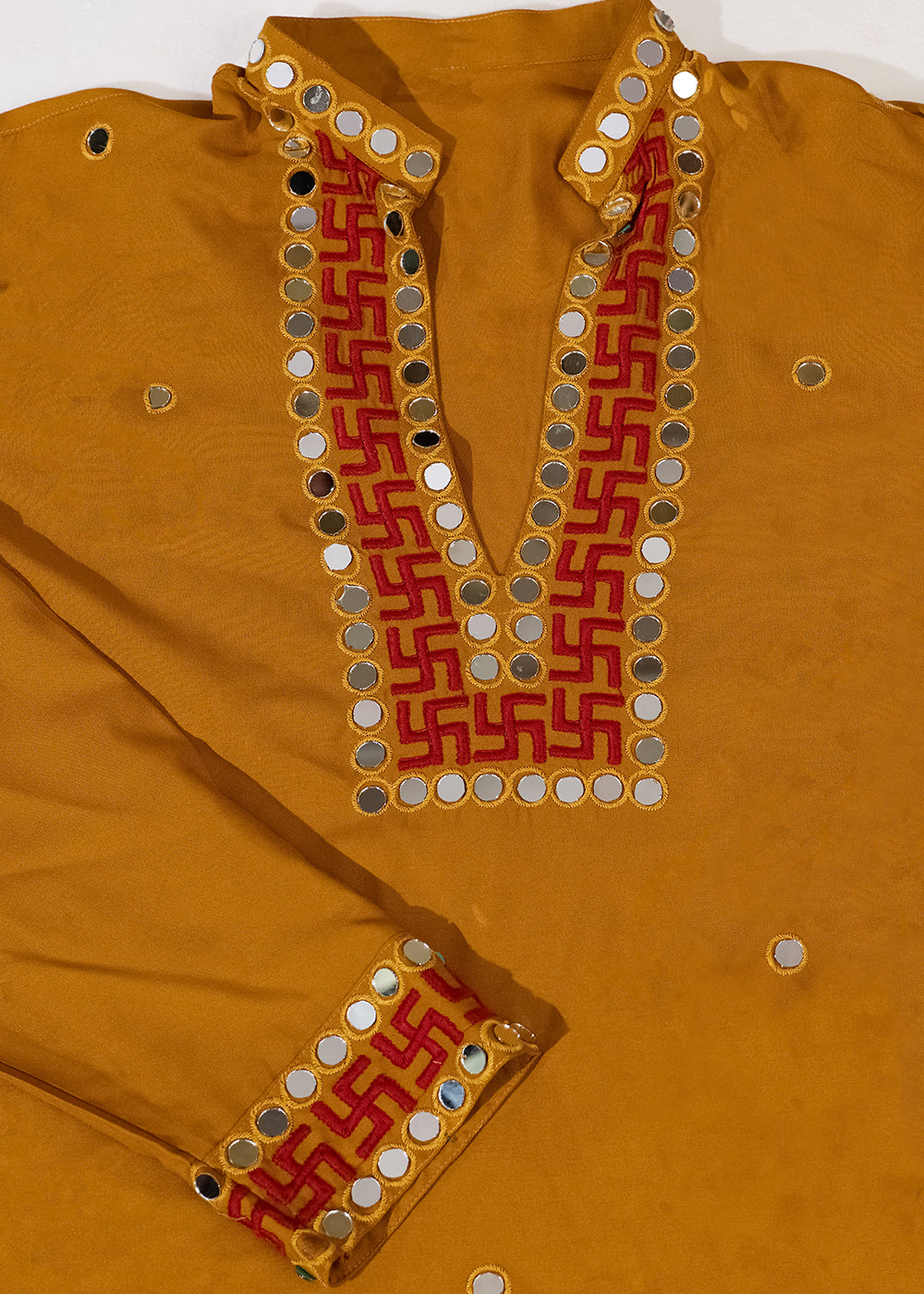 Mustard Yellow Rayon Kurta Set with Vivid Resham &amp; Mirror Detailing