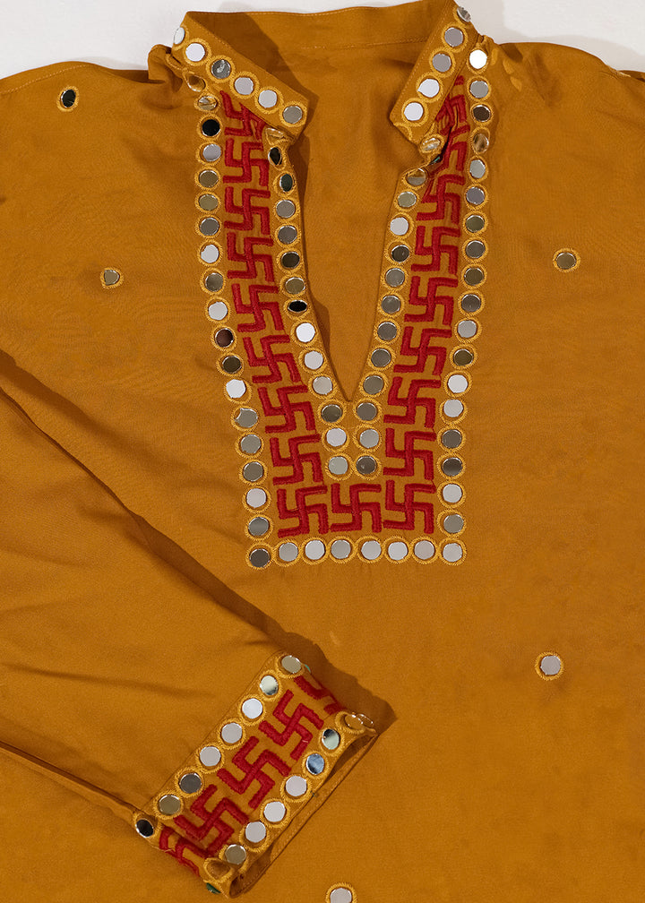 Mustard Yellow Rayon Kurta Set with Vivid Resham &amp; Mirror Detailing