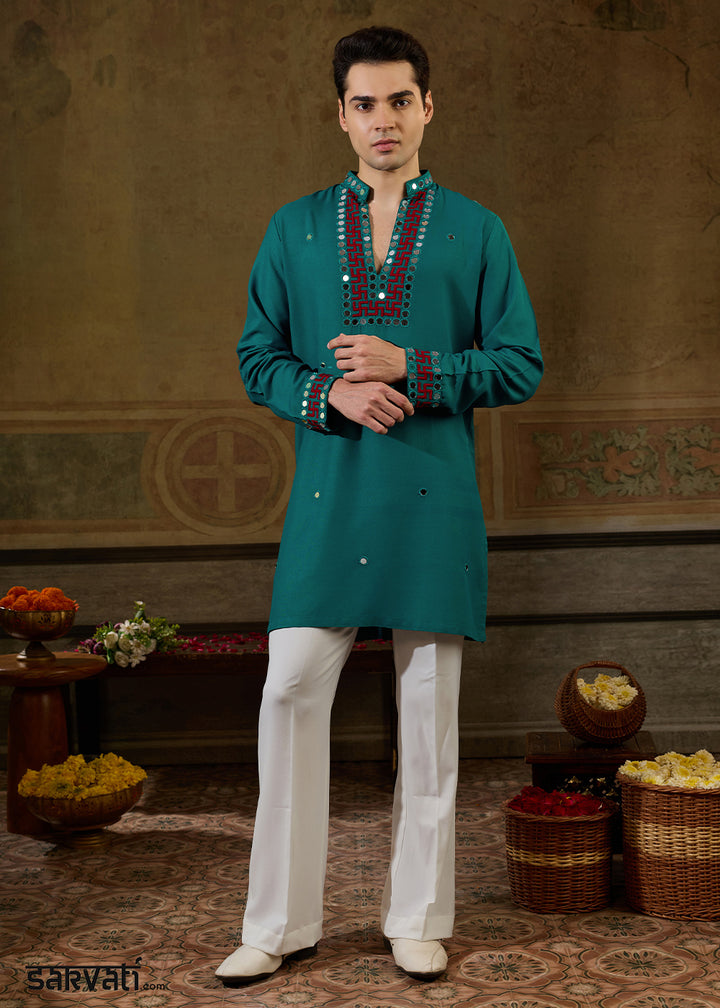 Teal Green Rayon Kurta Set with Vivid Resham &amp; Mirror Detailing