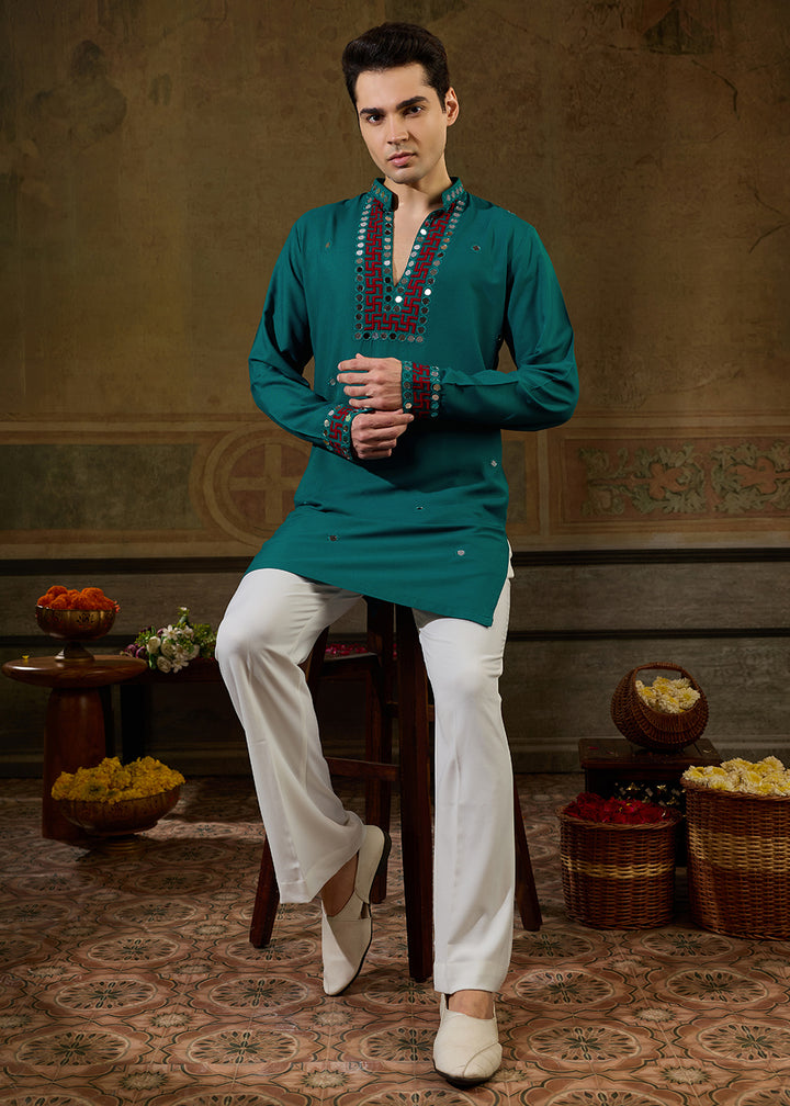 Teal Green Rayon Kurta Set with Vivid Resham &amp; Mirror Detailing