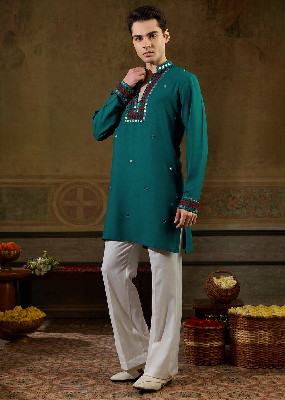 Teal Green Rayon Kurta Set with Vivid Resham &amp; Mirror Detailing