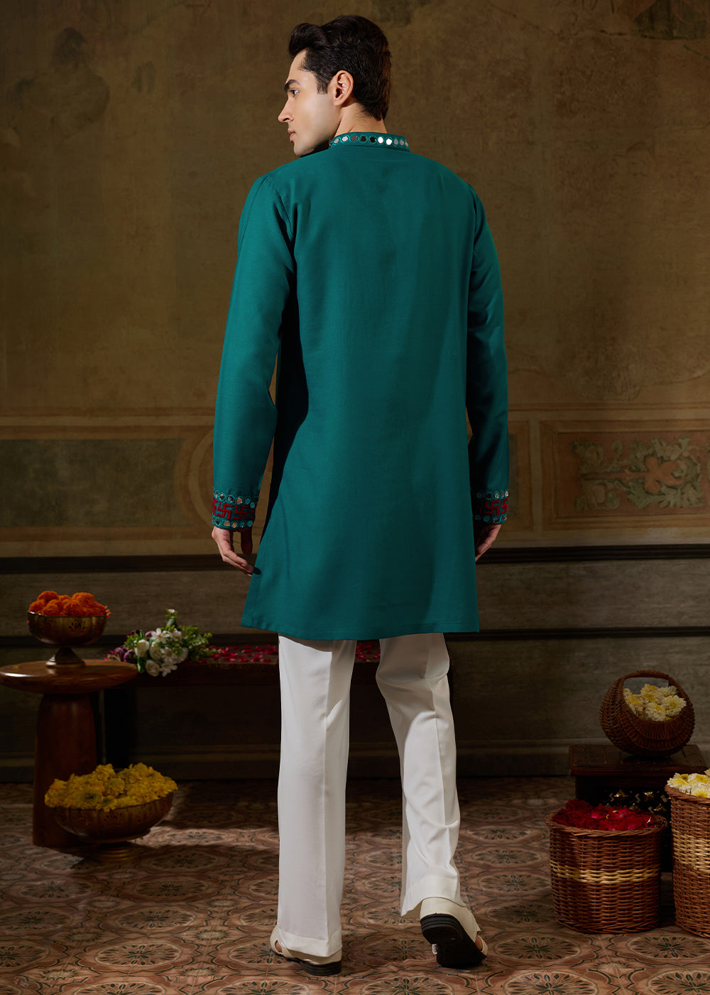 Teal Green Rayon Kurta Set with Vivid Resham &amp; Mirror Detailing
