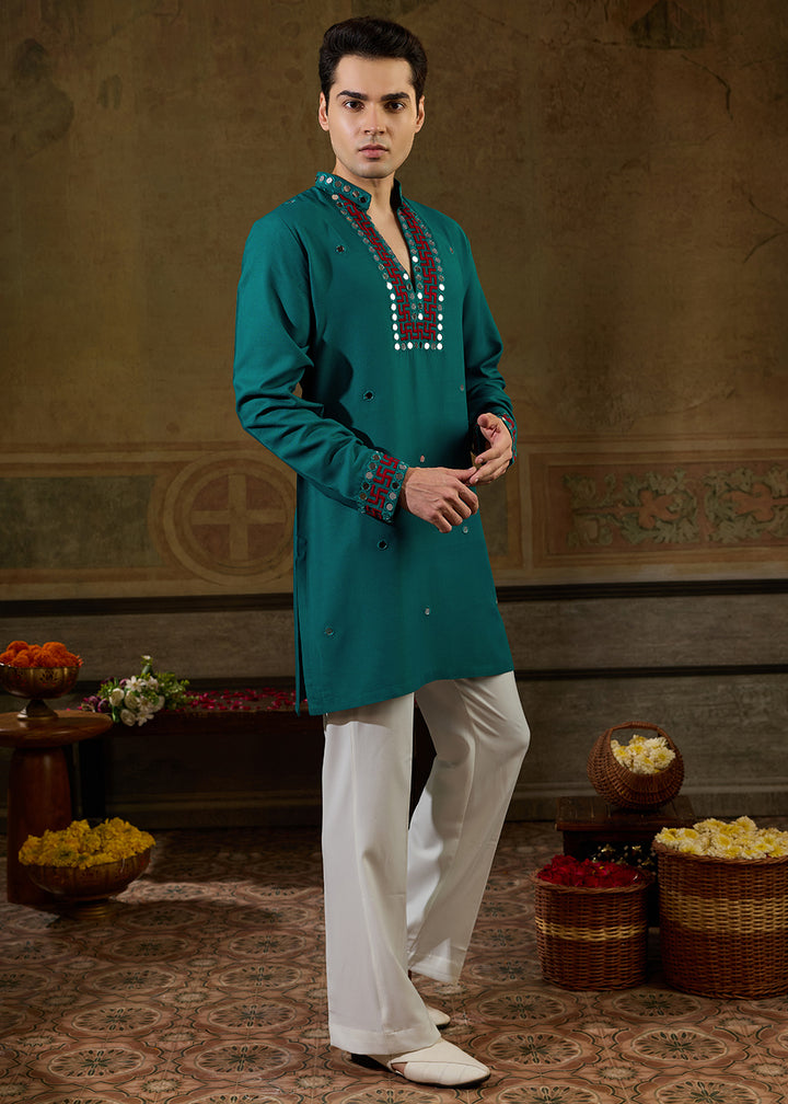 Teal Green Rayon Kurta Set with Vivid Resham &amp; Mirror Detailing
