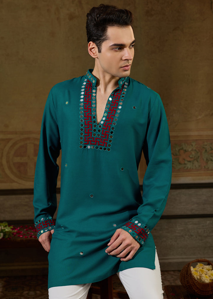 Teal Green Rayon Kurta Set with Vivid Resham &amp; Mirror Detailing