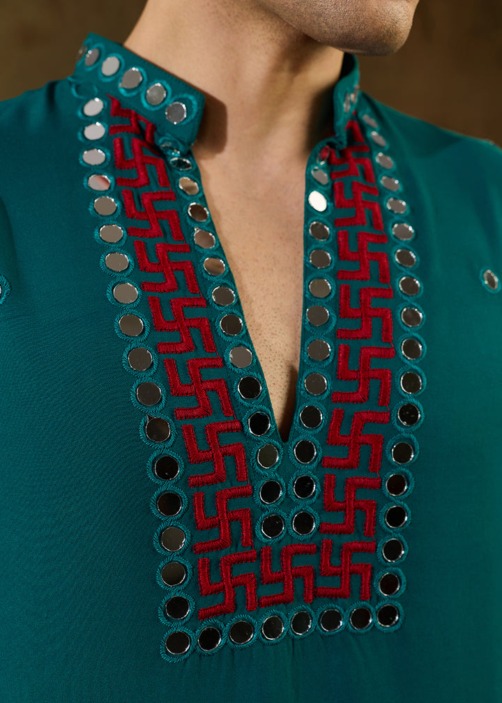 Teal Green Rayon Kurta Set with Vivid Resham &amp; Mirror Detailing