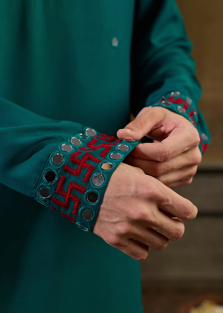 Teal Green Rayon Kurta Set with Vivid Resham &amp; Mirror Detailing