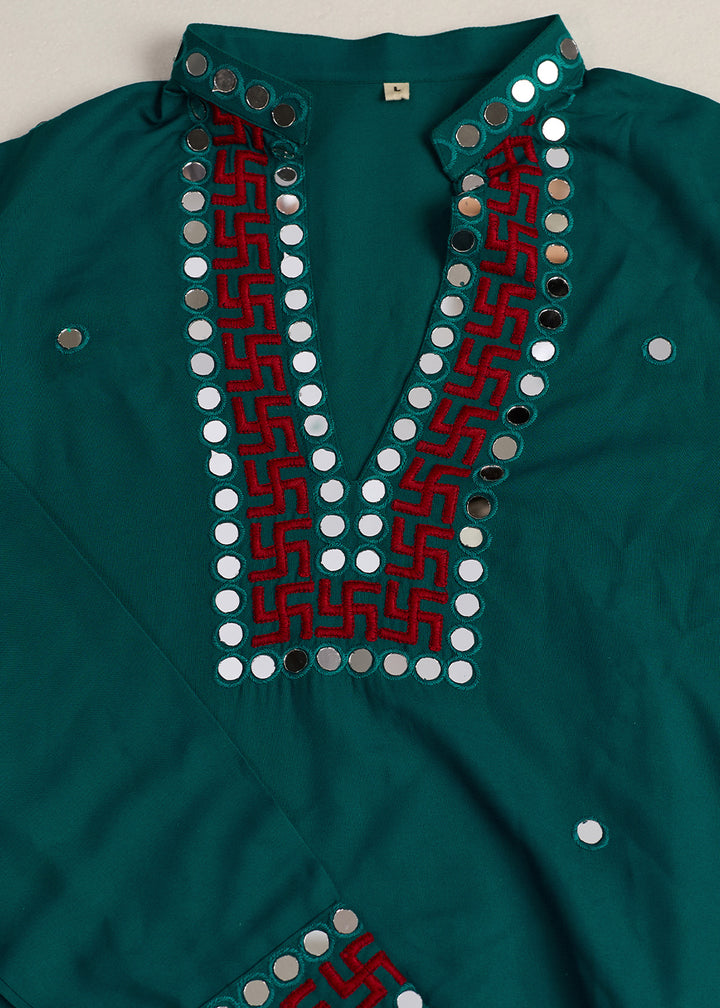 Teal Green Rayon Kurta Set with Vivid Resham &amp; Mirror Detailing