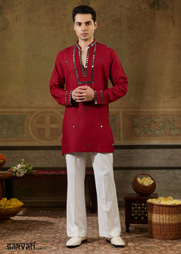 Scarlet Red Rayon Kurta Set with Vivid Resham & Mirror Detailing