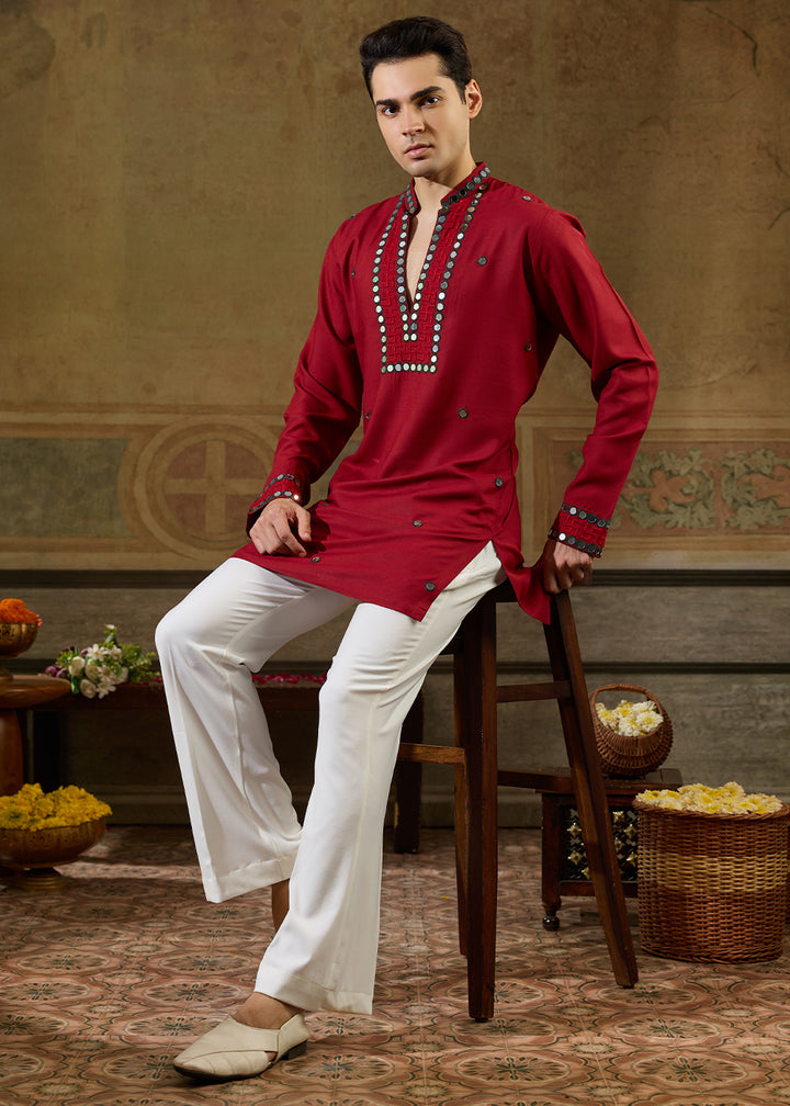 Scarlet Red Rayon Kurta Set with Vivid Resham &amp; Mirror Detailing