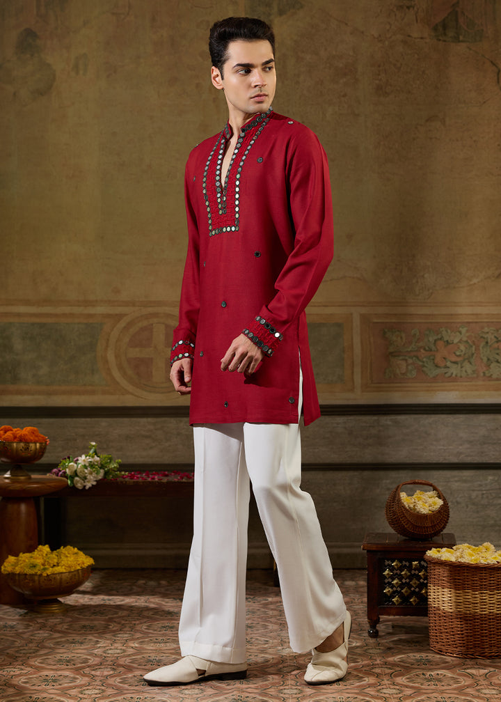 Scarlet Red Rayon Kurta Set with Vivid Resham &amp; Mirror Detailing