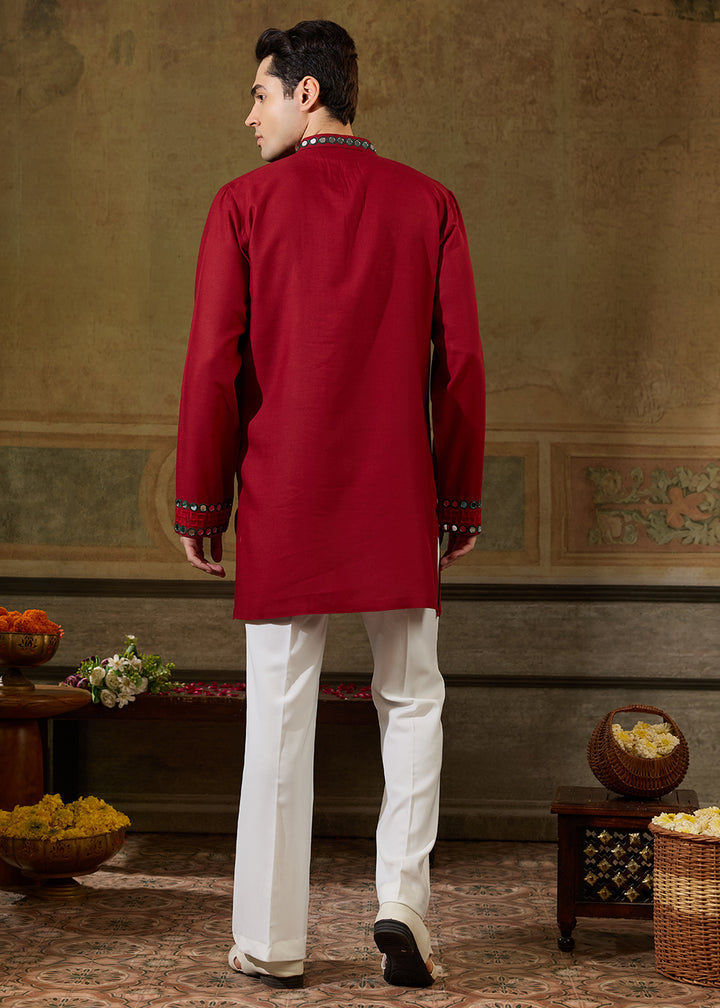 Scarlet Red Rayon Kurta Set with Vivid Resham &amp; Mirror Detailing