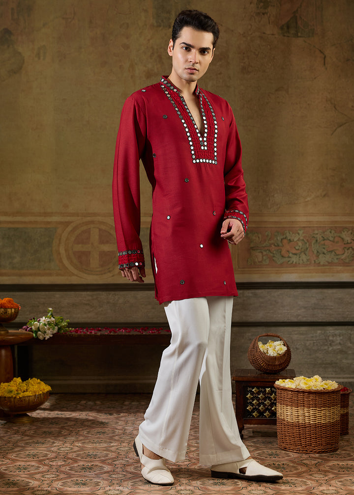 Scarlet Red Rayon Kurta Set with Vivid Resham &amp; Mirror Detailing