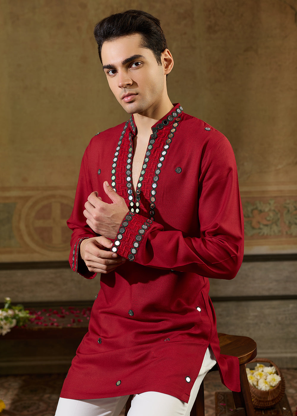 Scarlet Red Rayon Kurta Set with Vivid Resham &amp; Mirror Detailing