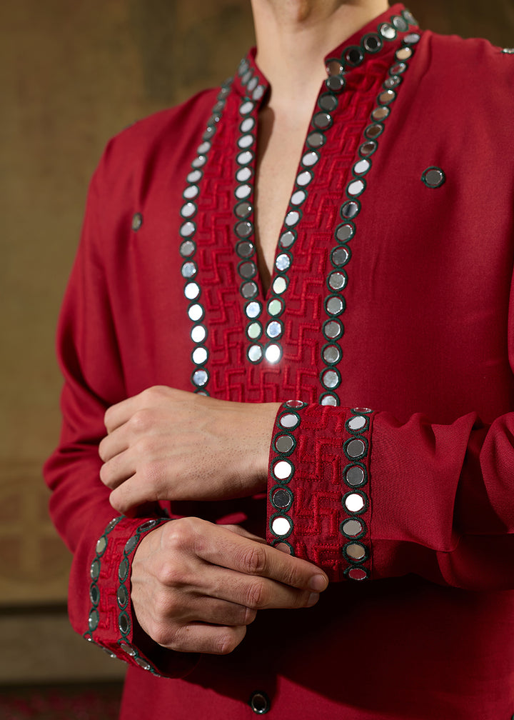 Scarlet Red Rayon Kurta Set with Vivid Resham &amp; Mirror Detailing