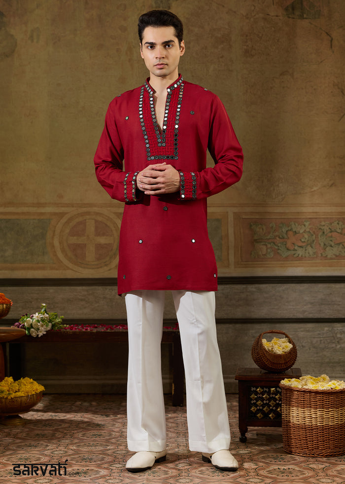 Scarlet Red Rayon Kurta Set with Vivid Resham & Mirror Detailing
