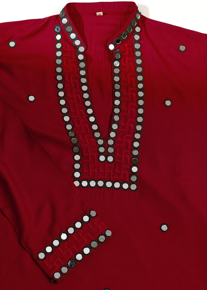 Scarlet Red Rayon Kurta Set with Vivid Resham &amp; Mirror Detailing