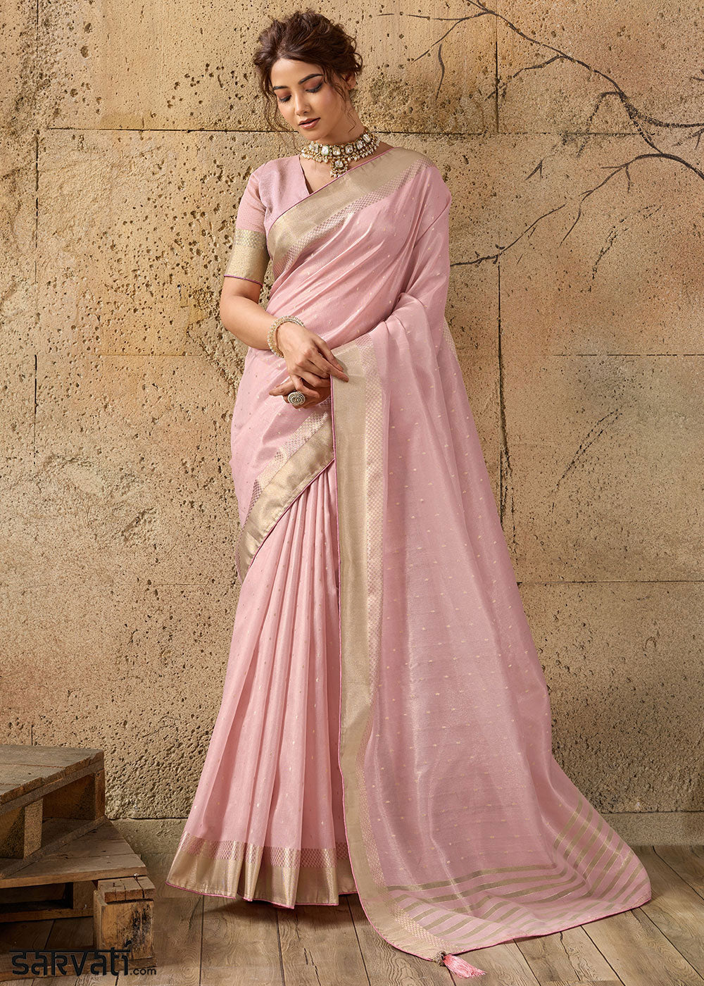Flamingo Pink Tissue Linen Saree with Luminous Metallic Sheen