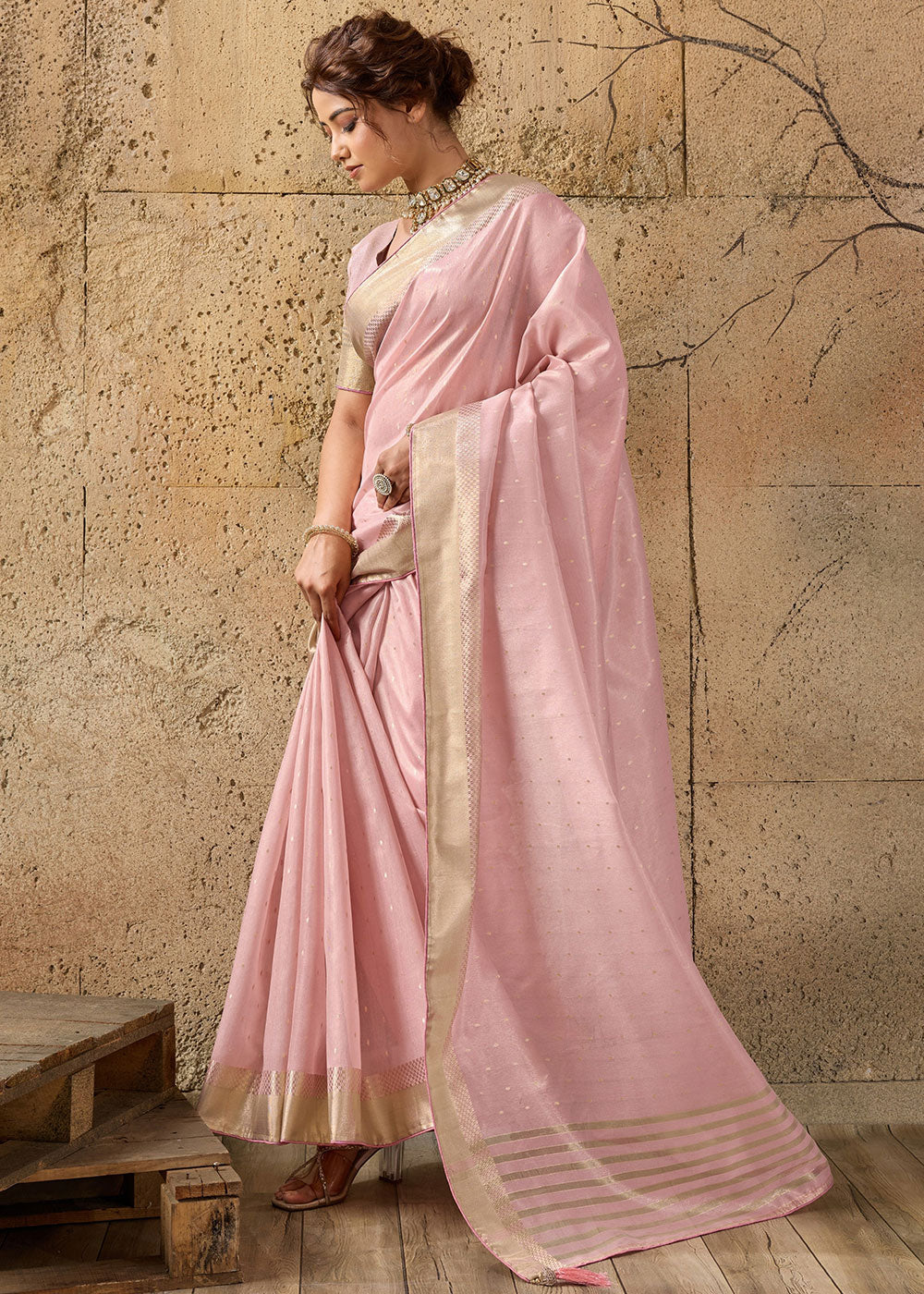 Flamingo Pink Tissue Linen Saree with Luminous Metallic Sheen