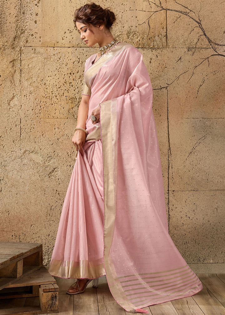 Flamingo Pink Tissue Linen Saree with Luminous Metallic Sheen