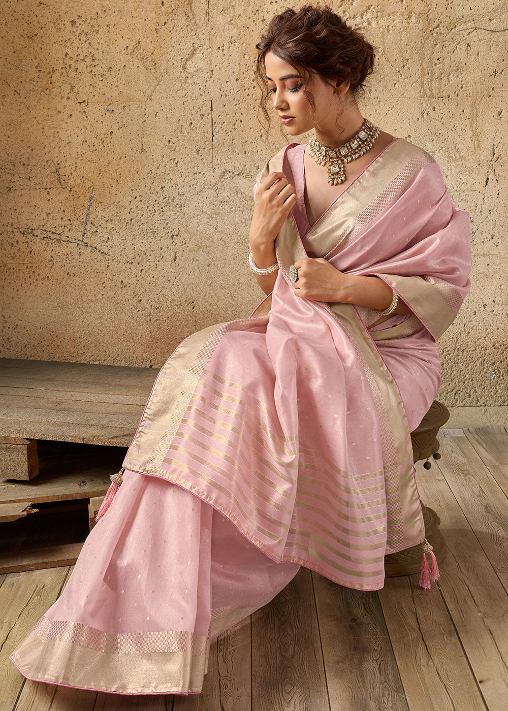 Flamingo Pink Tissue Linen Saree with Luminous Metallic Sheen