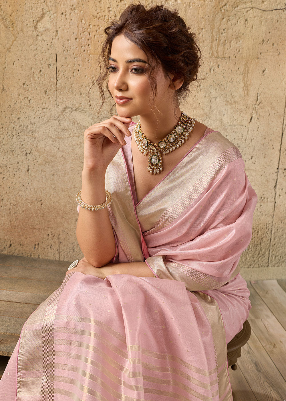 Flamingo Pink Tissue Linen Saree with Luminous Metallic Sheen