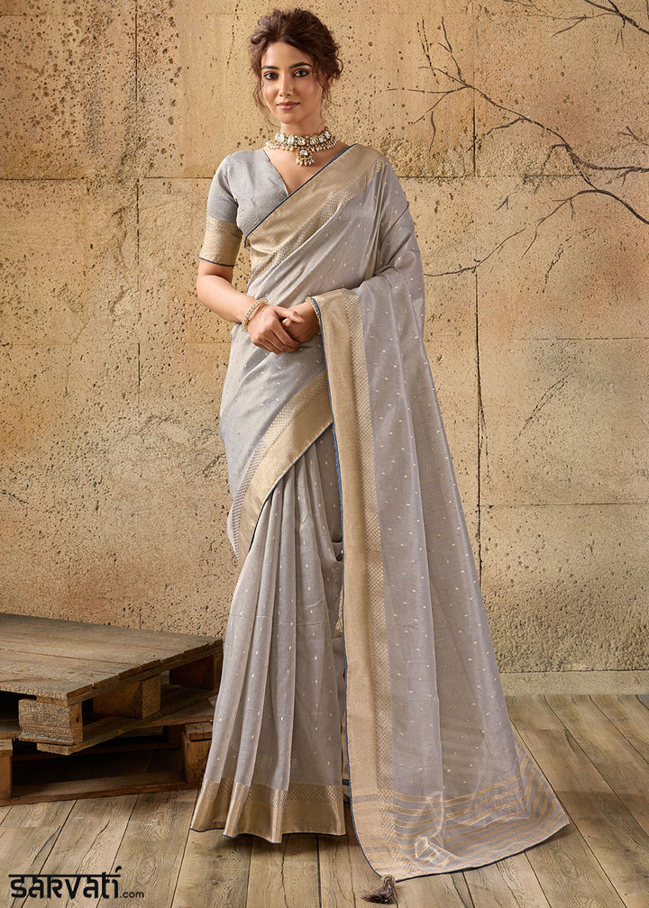 Light Grey Tissue Linen Saree with Luminous Metallic Sheen