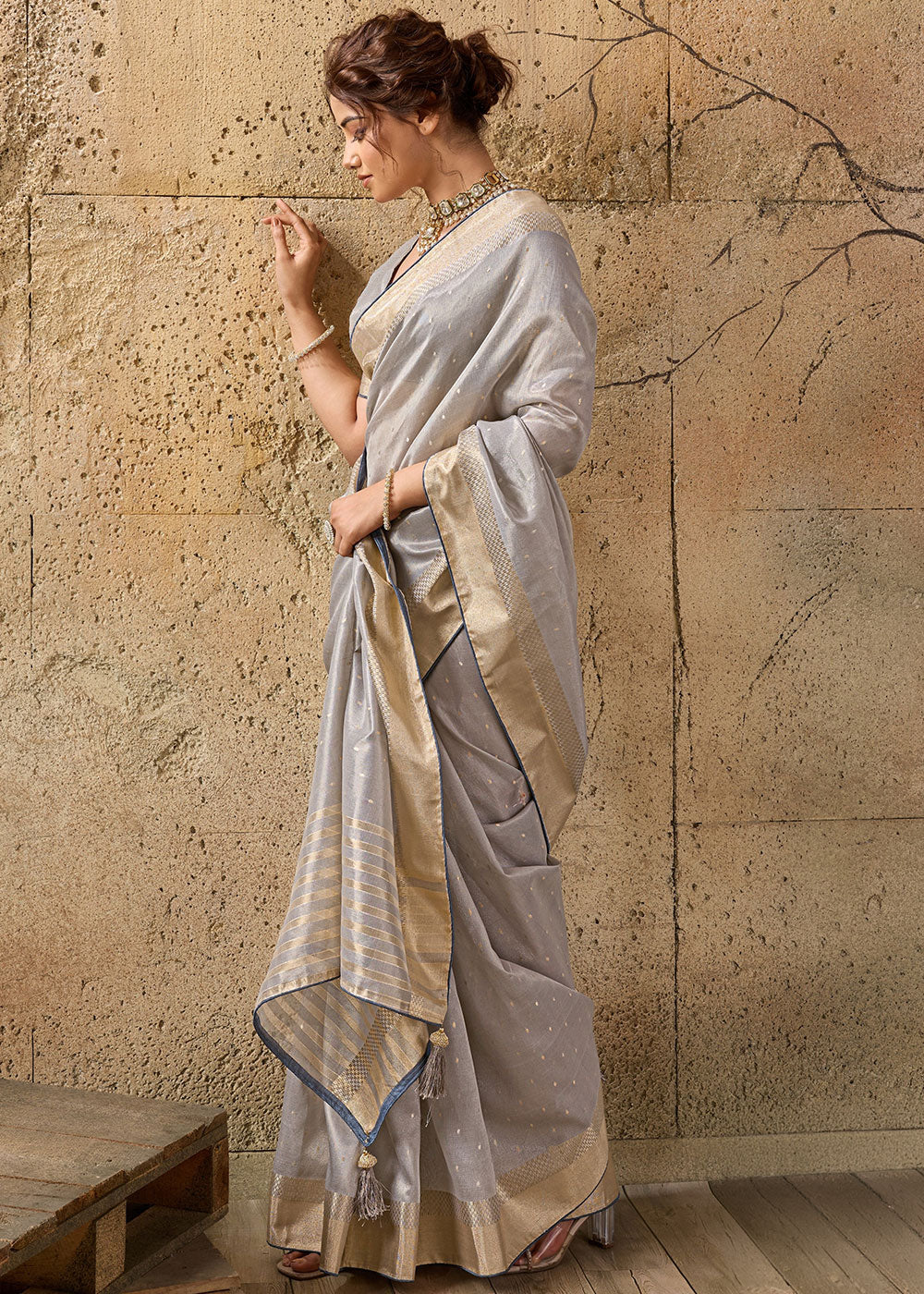Light Grey Tissue Linen Saree with Luminous Metallic Sheen