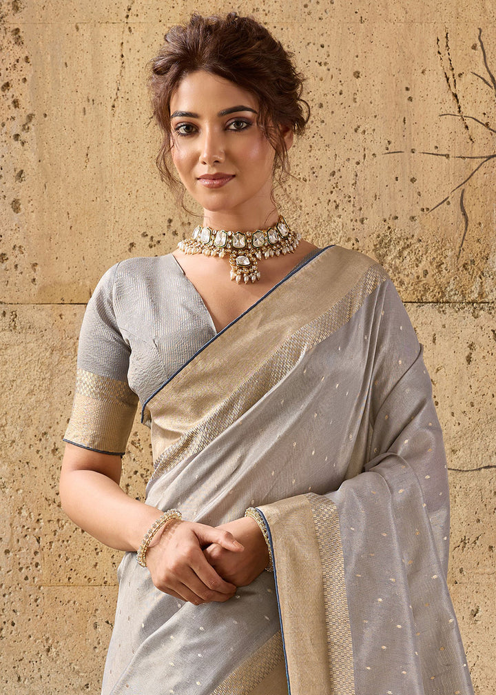 Light Grey Tissue Linen Saree with Luminous Metallic Sheen