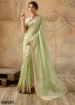 Pastel Green Tissue Linen Saree with Luminous Metallic Sheen