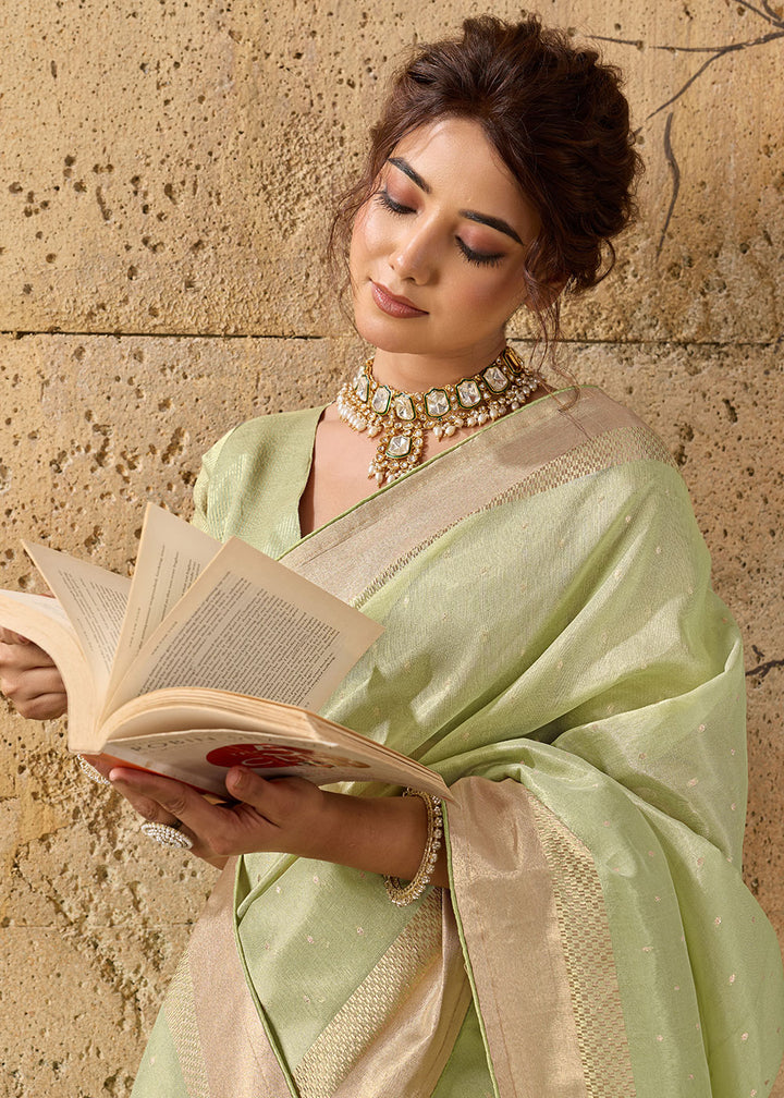 Pastel Green Tissue Linen Saree with Luminous Metallic Sheen