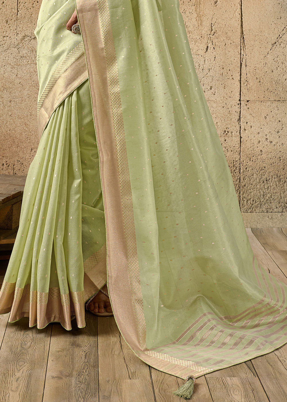 Pastel Green Tissue Linen Saree with Luminous Metallic Sheen